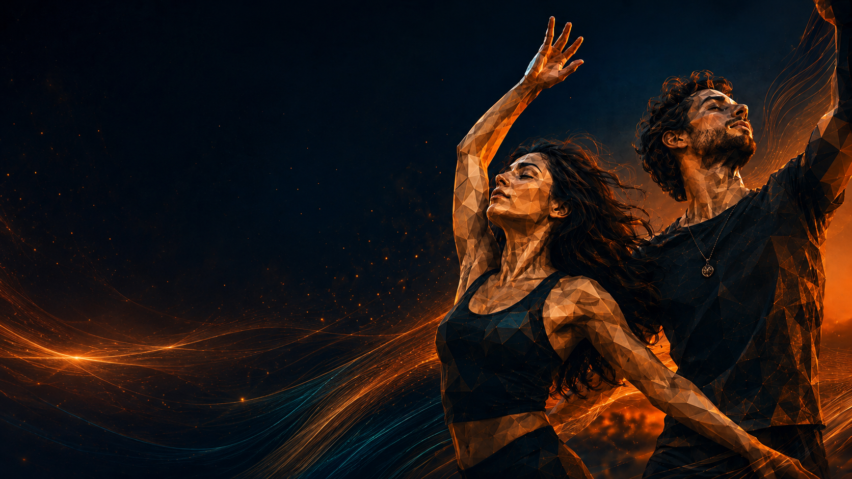 Two dancers reaching upward in orange light