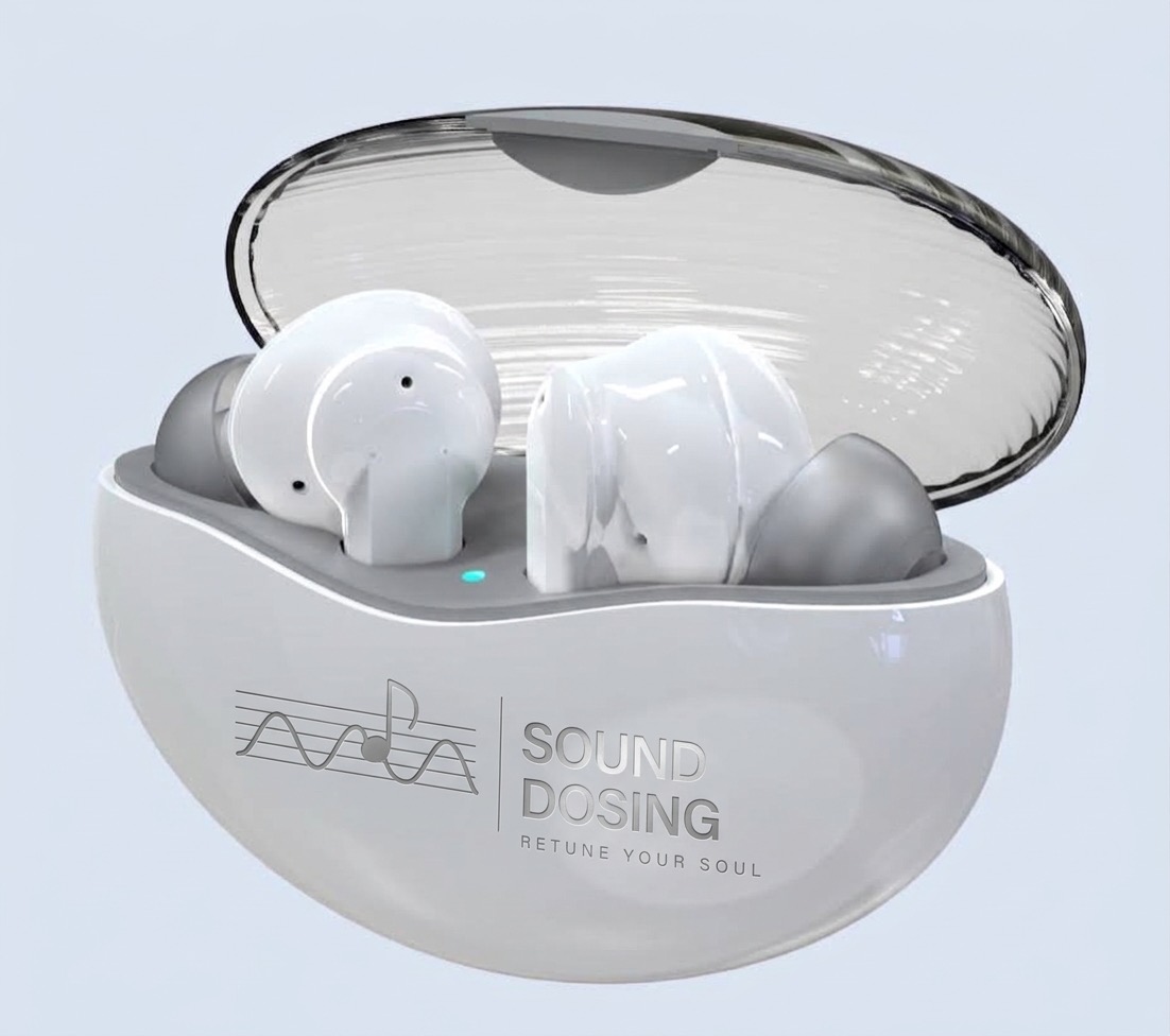 Sounddosing branded earbuds in an open charging case, engraved Retune Your Soul